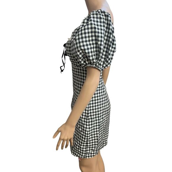 Cider Gingham Milkmaid Mini Dress Large Puff Sleeve Bow Coquette Cottagecore - Picture 3 of 10